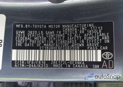 2014 Toyota Corolla Le z USA, uszkodzony, nr VIN 2T1BURHE6EC062209